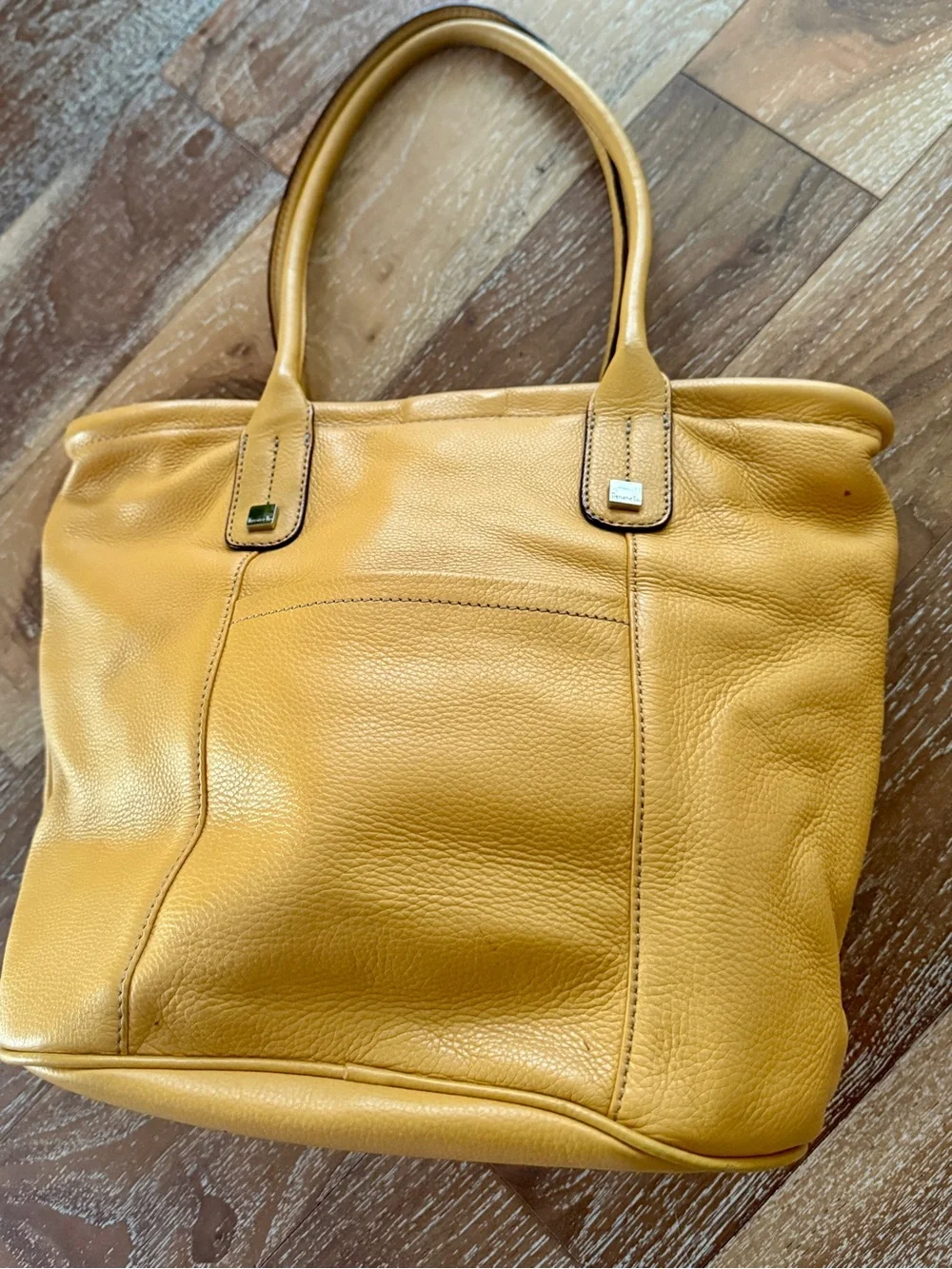 Tignanello Mustard Yellow Pebbled Leather Shopper Tote Bag Purse / EUC